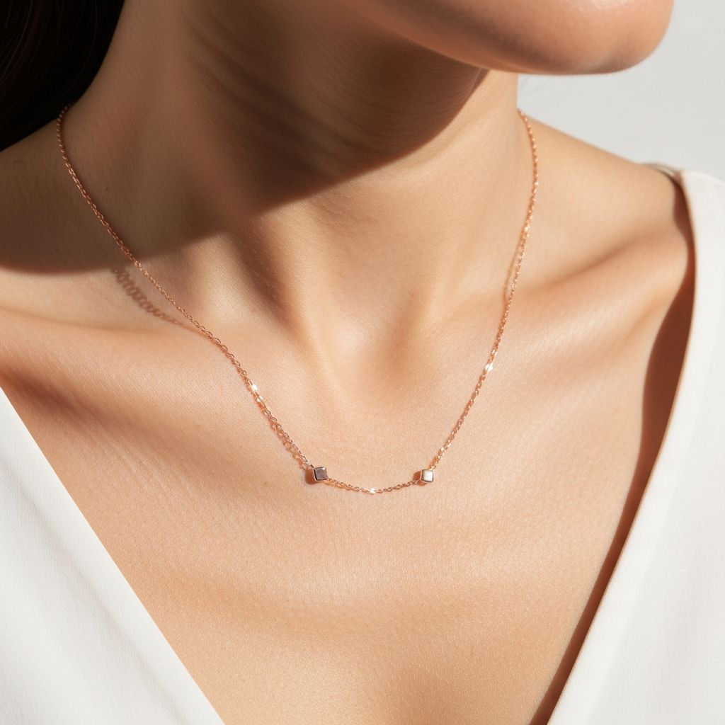 Rose gold satellite chain necklace on collarbone